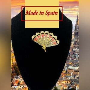 Rare Moving Damascene Hand Fan Brooch from Spain - Red Enamel & Gold